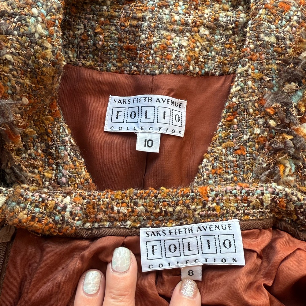 saks fifth avenue Folio Suit jacket Skirt Set tweed Size 8 (blazer 10) Wool USA - Picture 7 of 11